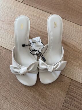 ZARA white leather Bow Slide Mules